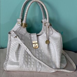 Brahmin Celia White Crocodile-Embossed Leather Tote Bag with Gold Hardware
